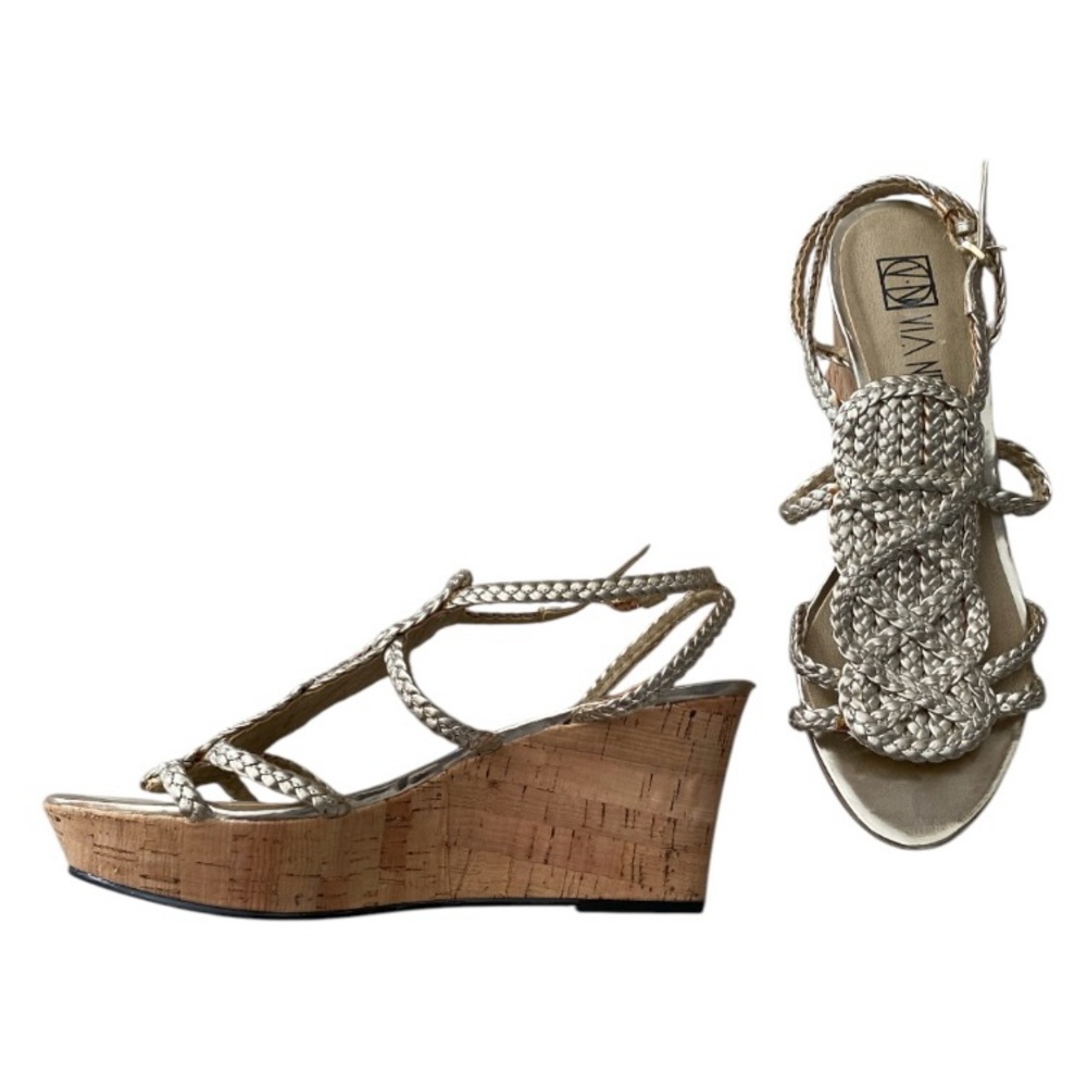 Via Neroli Beach Gold Weave Cork Wedge Sandals Womenโs size 7M
